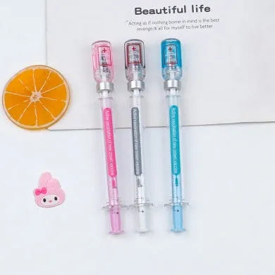 Vaccine design novelty gel pen with black ink 0.5mm tip on white background.