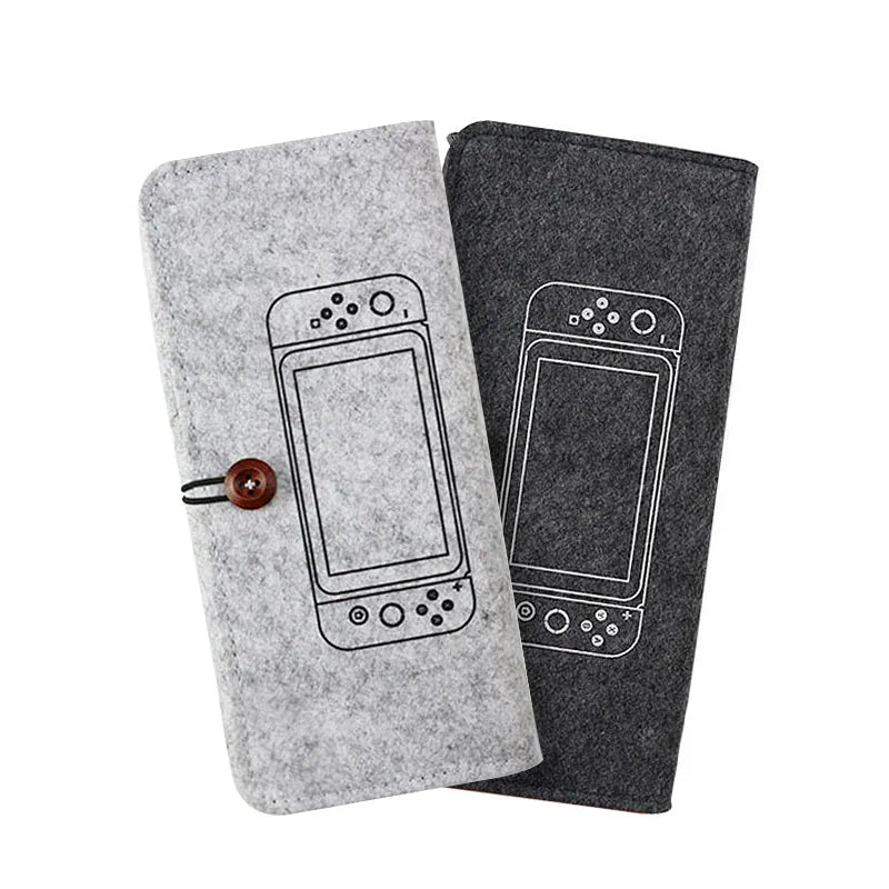 Black Nintendo Switch felt pouch case open, showing console slot and 5-game card holder.