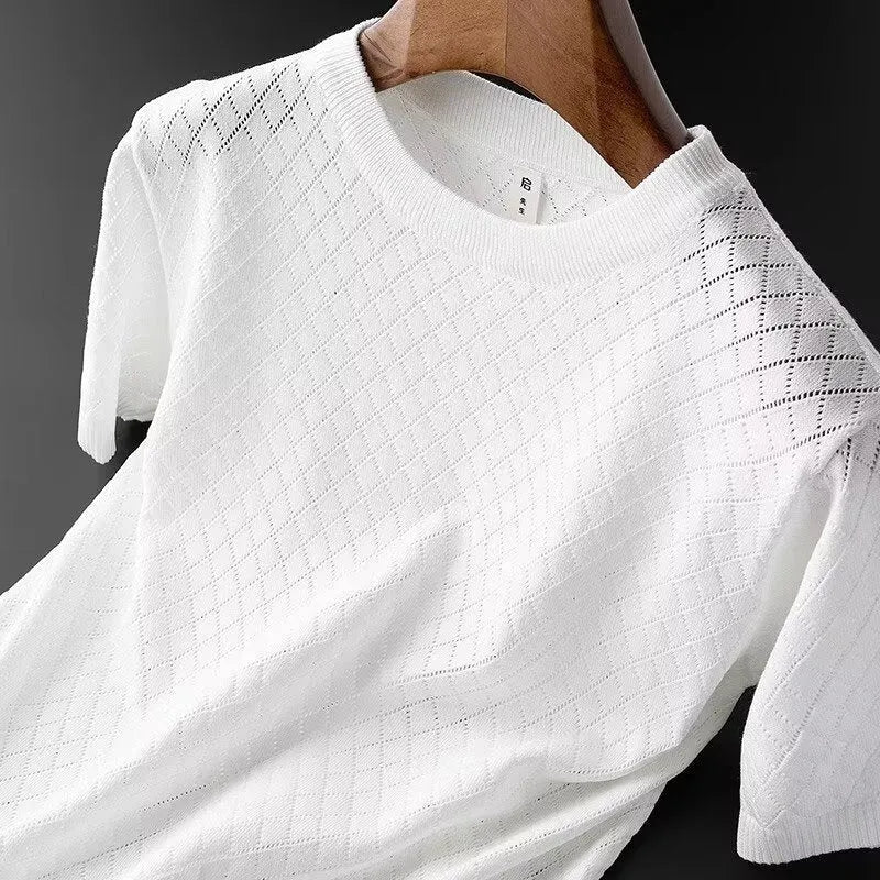 Men's ice silk V-neck summer top in black and white colour options
