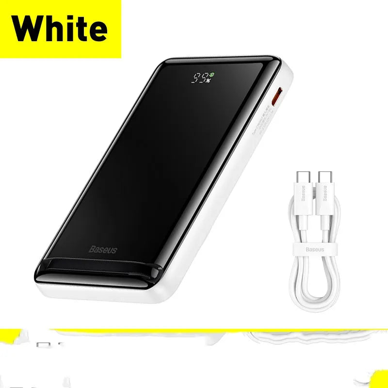 Slim blue magnetic power bank showing dimensions 117.3x69.7x20.3mm with charging cable