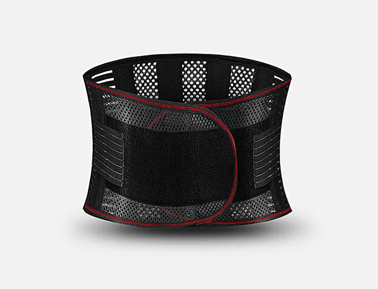 Black sports waist support belt with internal steel plate for lumbar decompression during fitness activities.