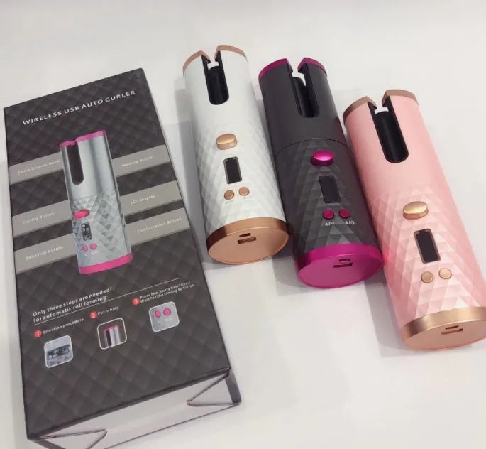 Portable automatic wireless USB charging mini curling iron in white, pink or grey with gold ceramic barrel