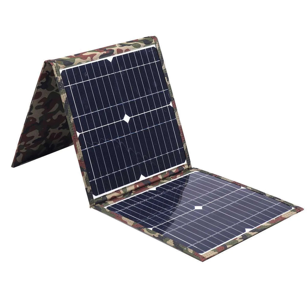 Black foldable solar panel unfolded showing three solar cells with included charging accessories