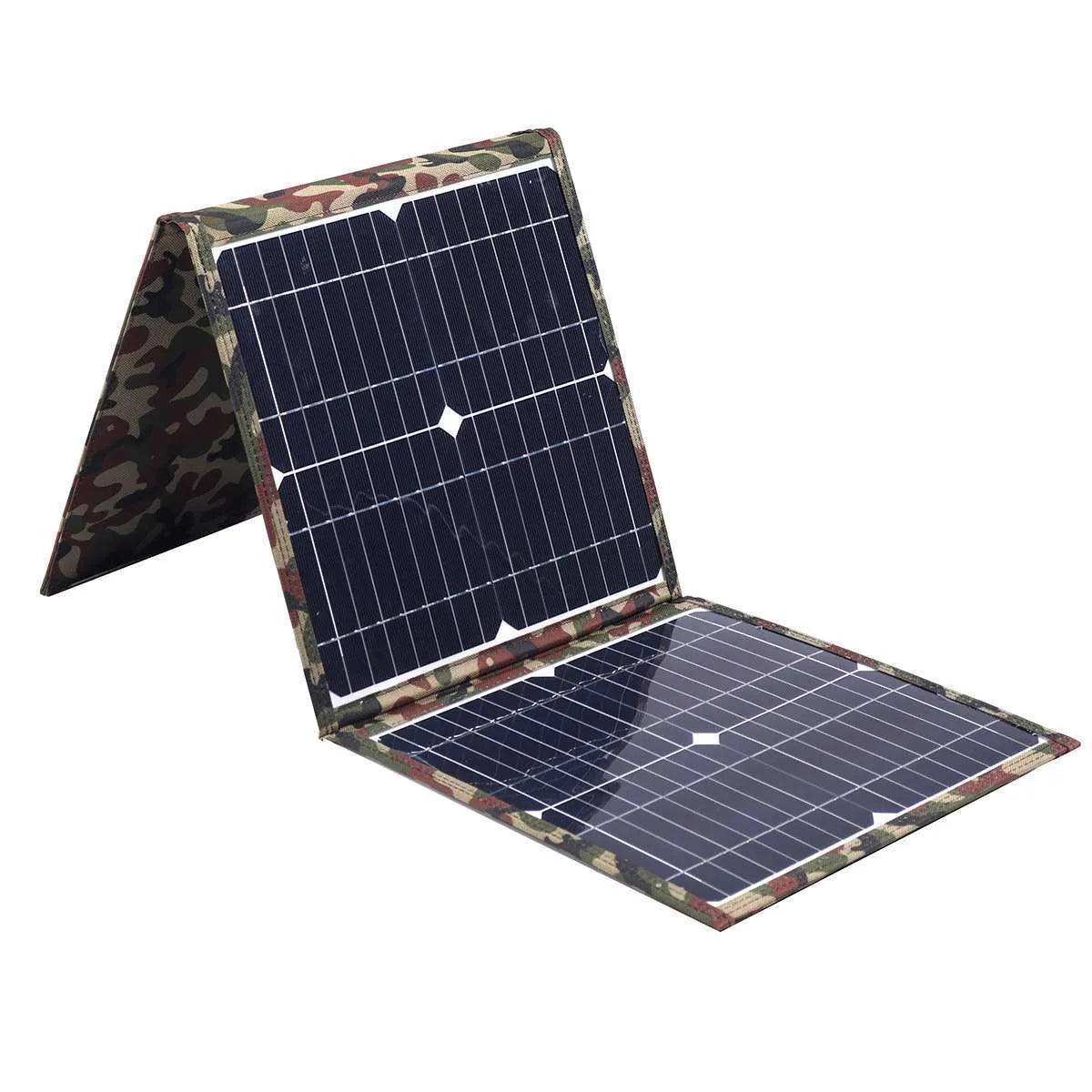 Black foldable solar panel unfolded showing three solar cells with included charging accessories