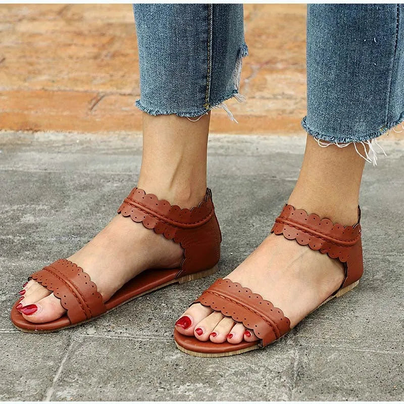 Ladies sandals with artificial PU upper and beef tendon sole, shown in black, brown, purple, and reddish brown colours.
