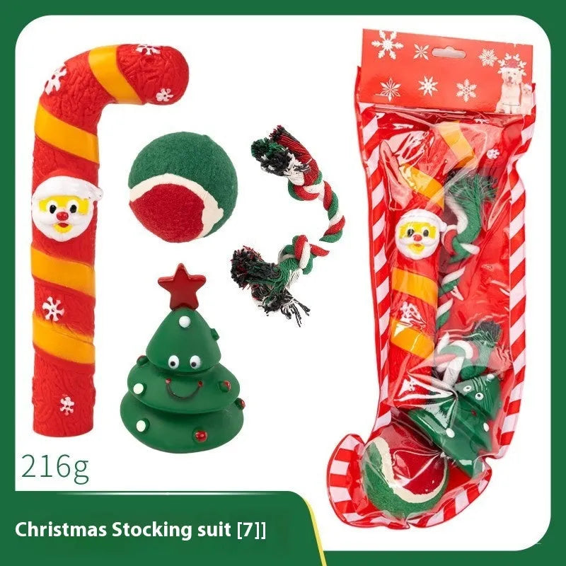 Christmas dog toys vinyl gift sets with bite ropes, tennis balls, Santa heads and festive shapes