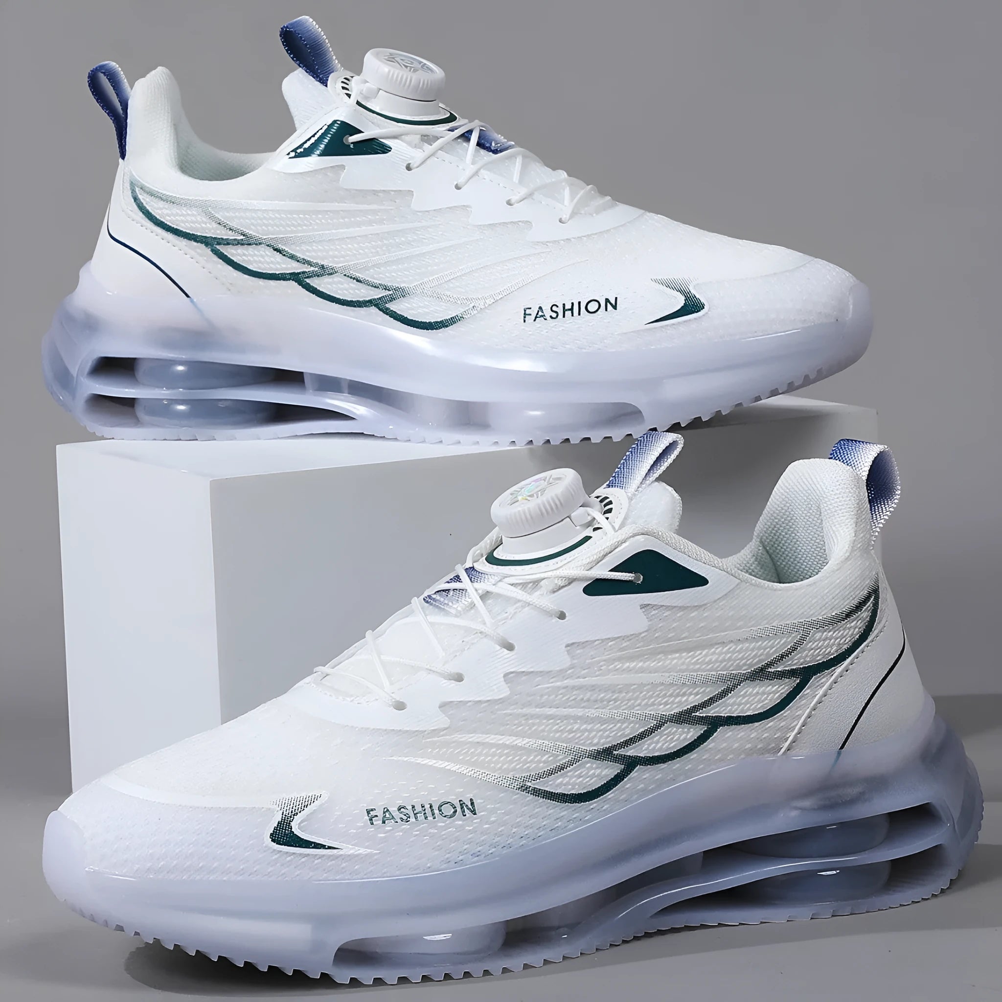 White men's low-top casual sneakers with rotating button on lace-up front and mesh upper.