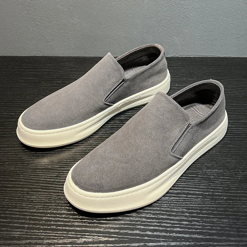 Men's gray and apricot casual shoes with round toe, PU upper, and sleeve design.