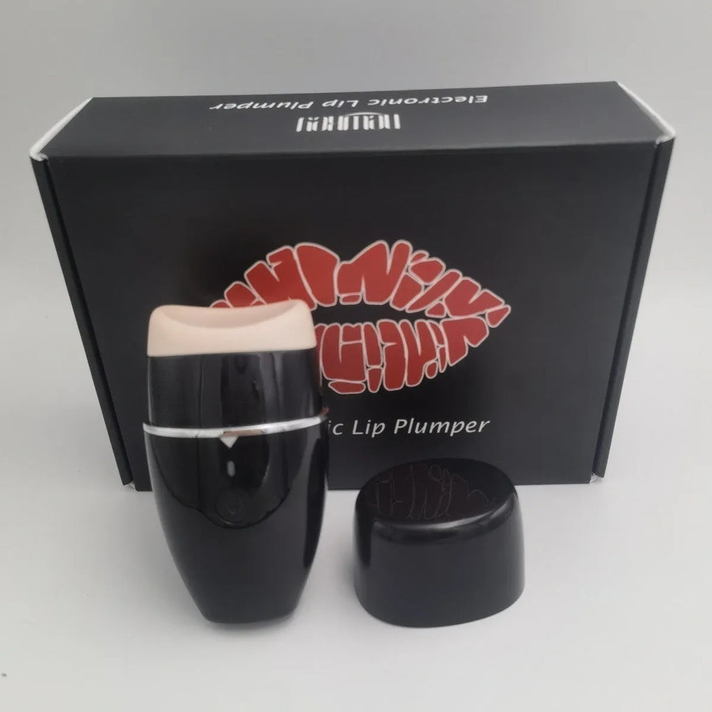 Black and white electric lip plumper device with silicone tip and 3 speed buttons