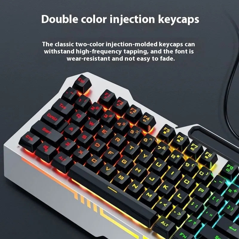 Black and white wired keyboard mouse and headset bundle with RGB LED backlighting on desk