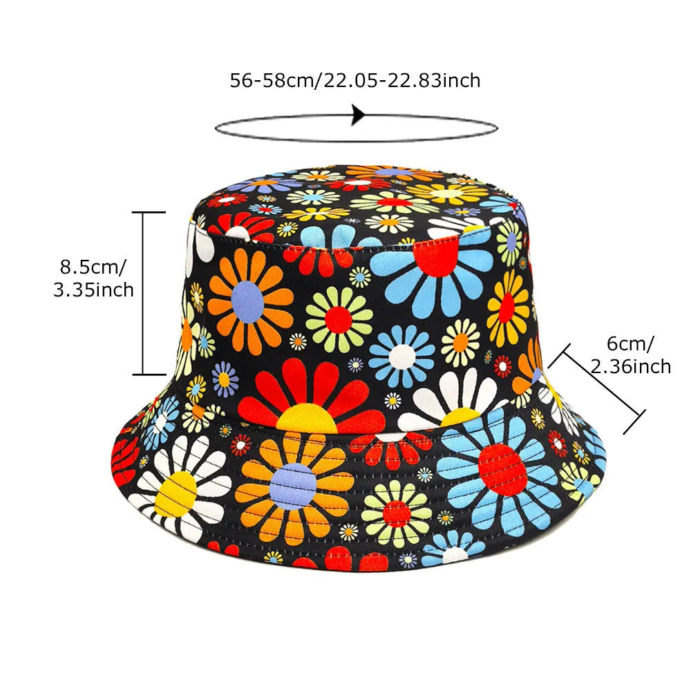 Colourful floral print polyester bucket hat with a dome crown on a white background.