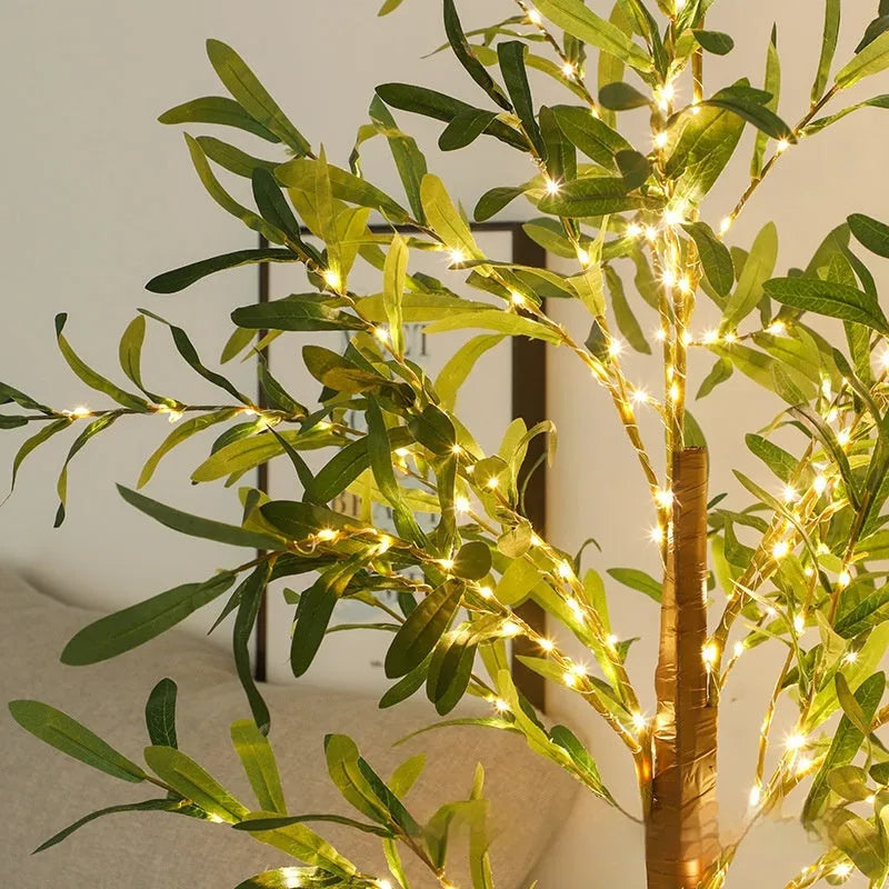 1.8 metre tall artificial olive tree lamp with warm white LED lights in foliage
