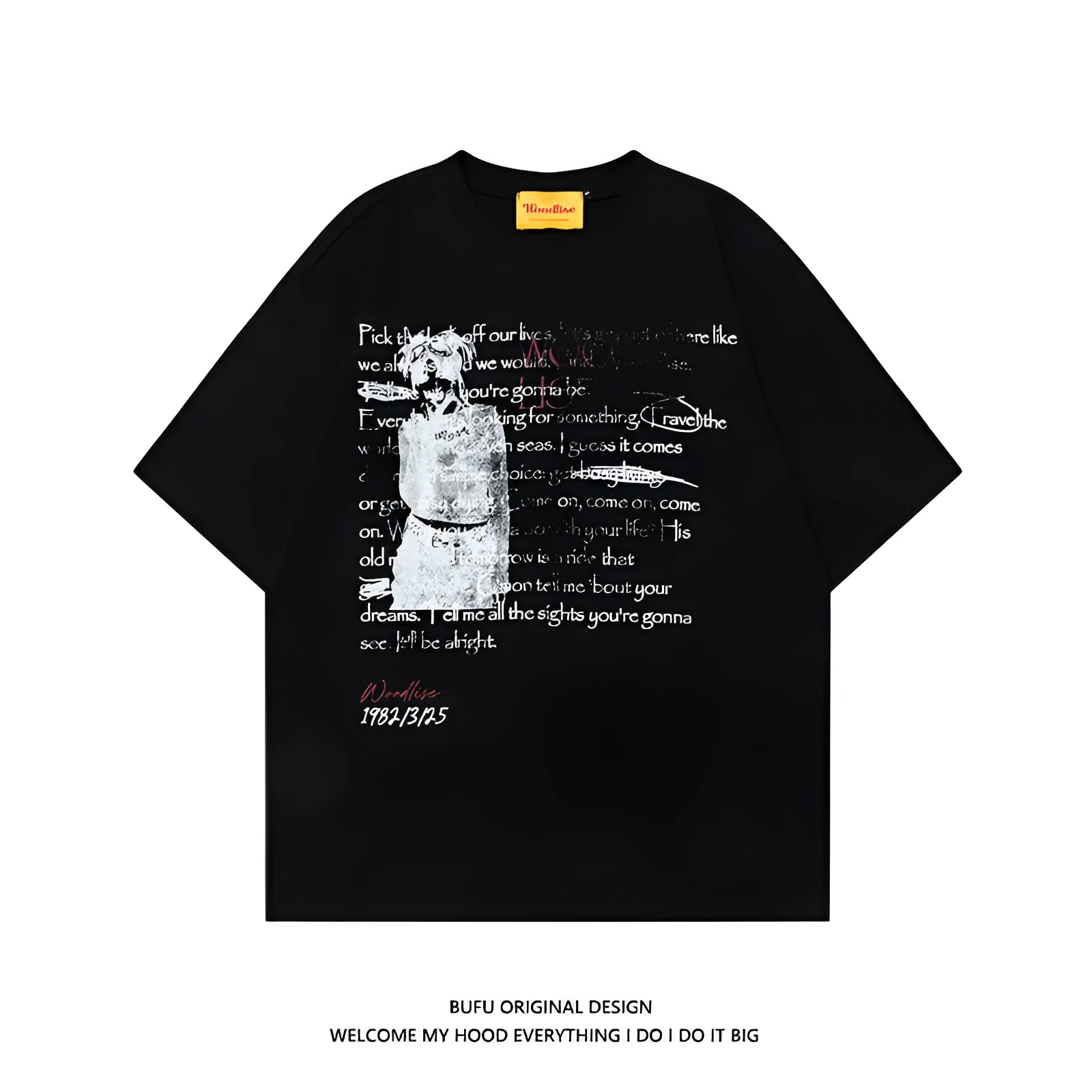 Men's black and white pure cotton T-shirt with printed letters, raglan sleeves, and loose retro hip hop style
