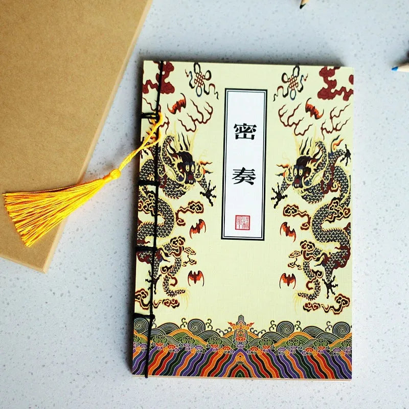 A5 antique wire-bound notebook with glossy embossed cover featuring a retro painting design, shown open.