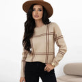 Women's plaid colour-block acrylic sweater with loose fit and crew neck