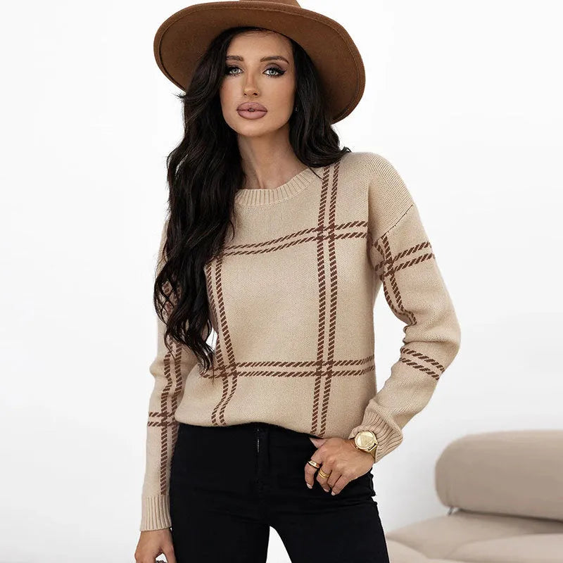 Women's plaid colour-block acrylic sweater with loose fit and crew neck