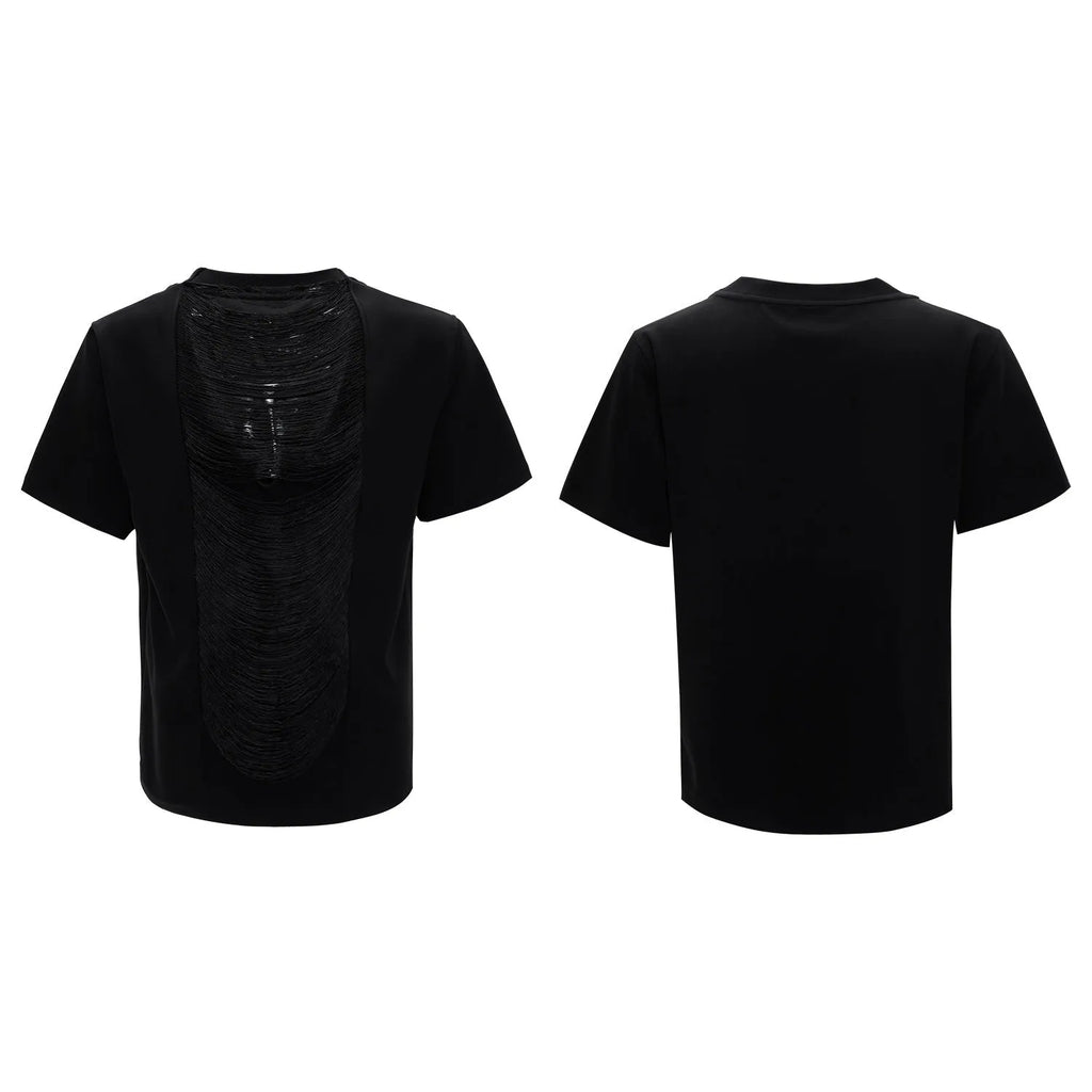 Men's drum black polyester t-shirt with hollow out V-neck and short sleeves