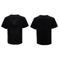 Men's drum black polyester t-shirt with hollow out V-neck and short sleeves