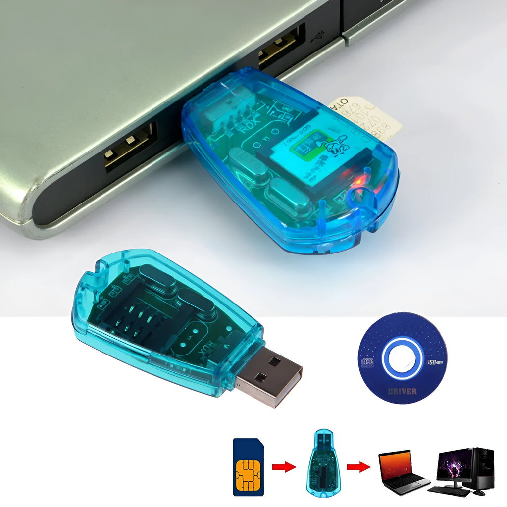 Blue USB 2.0 SIM card reader for mobile phones with external installation for computer connectivity