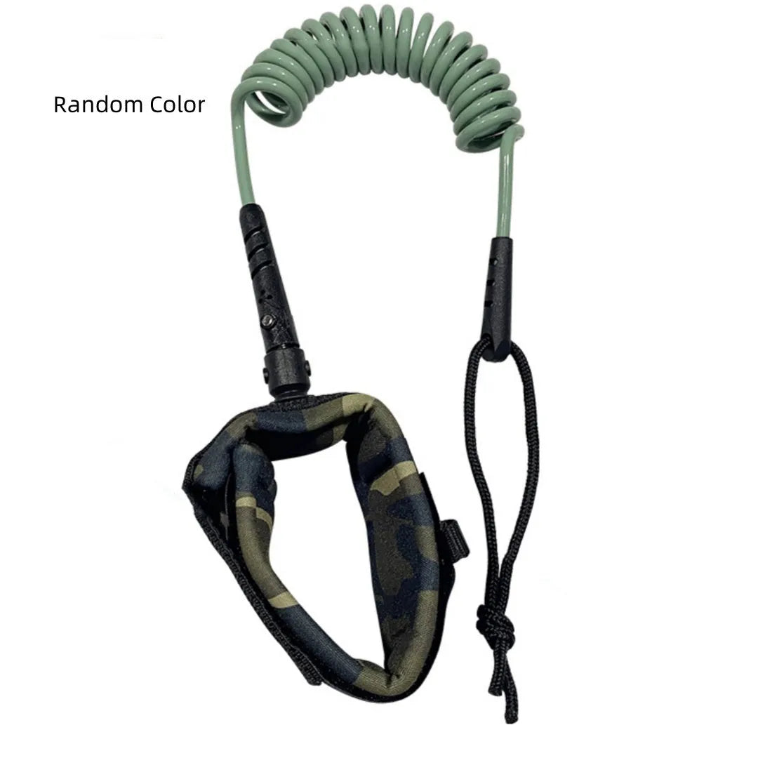 Surfboard leash with hand rope design showing high elasticity and 50kg tension capacity