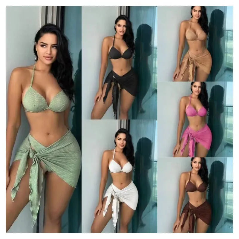 Women's sexy Russian split three-piece swimsuit set in polyester fabric