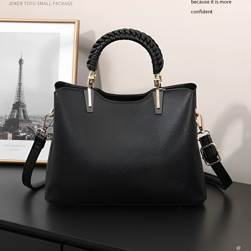 PU ladies handbag 25x12x19cm with single shoulder strap, zip pockets and contrast stitching