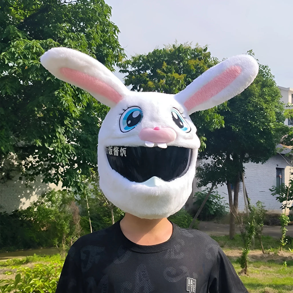 White rabbit head plush cover for motorcycle helmet with long ears