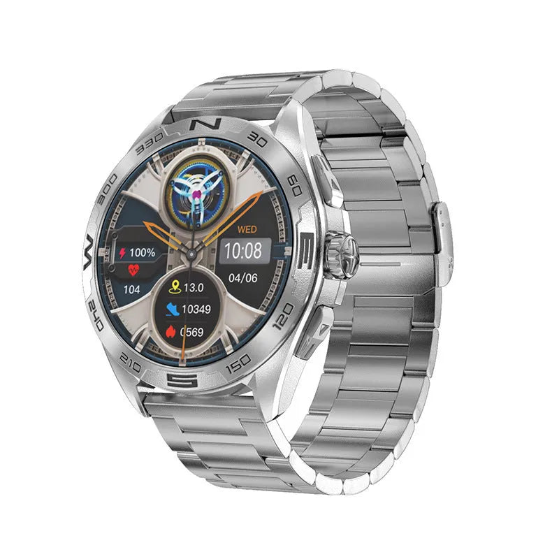 Men's smart watch displaying health metrics on screen, shown in black steel and silver colour variants.