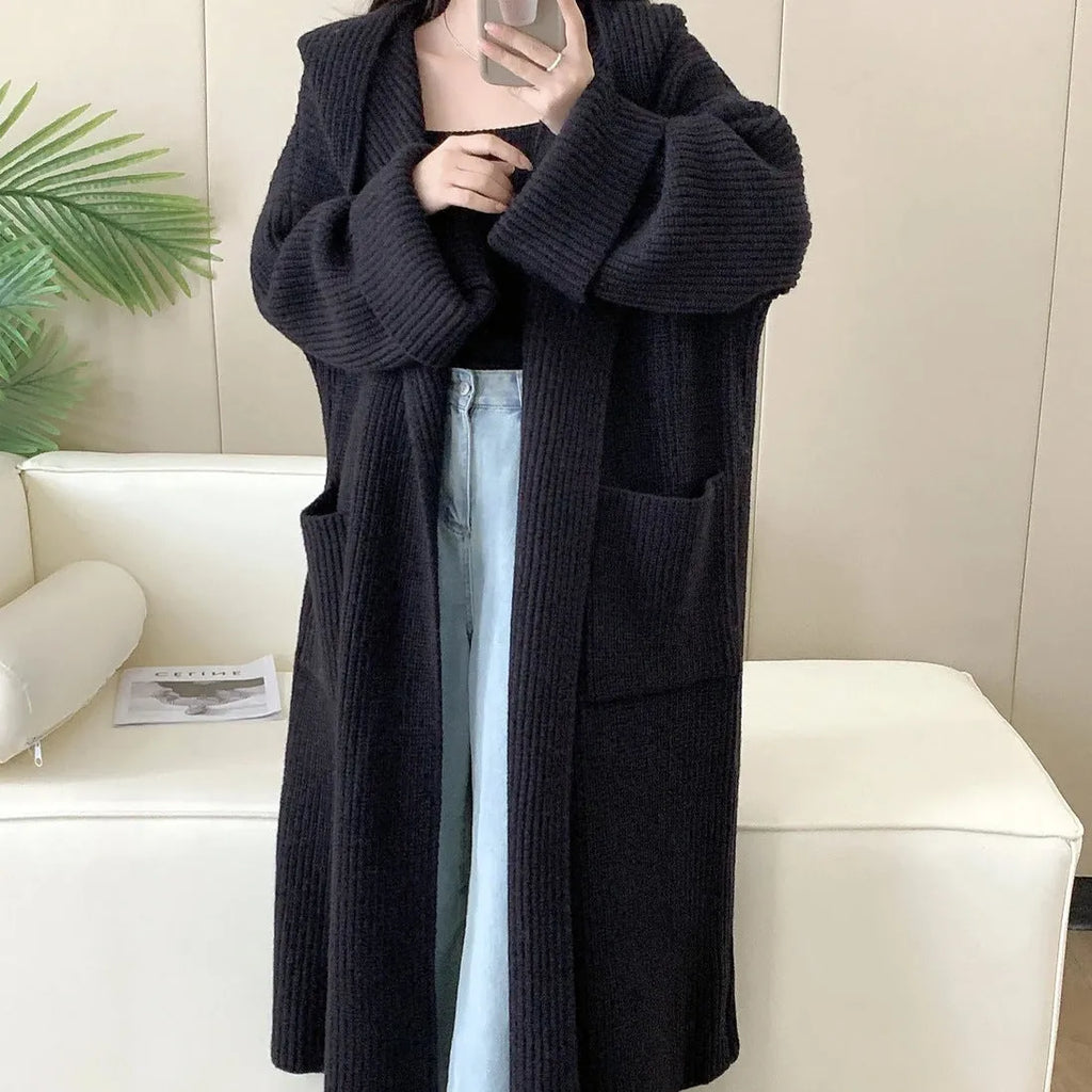 Loose hooded sweatshirt women's extended cardigan coat in milky white black grey purple brown acrylic fabric