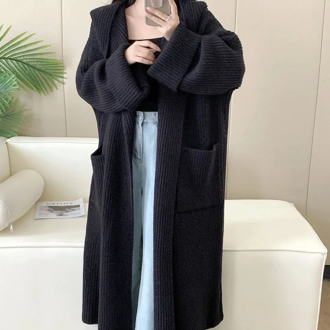 Loose hooded sweatshirt women's extended cardigan coat in milky white black grey purple brown acrylic fabric