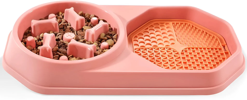 Blue slow feeder dog bowl with puzzle ridges and non-slip base, shown with dog kibble.