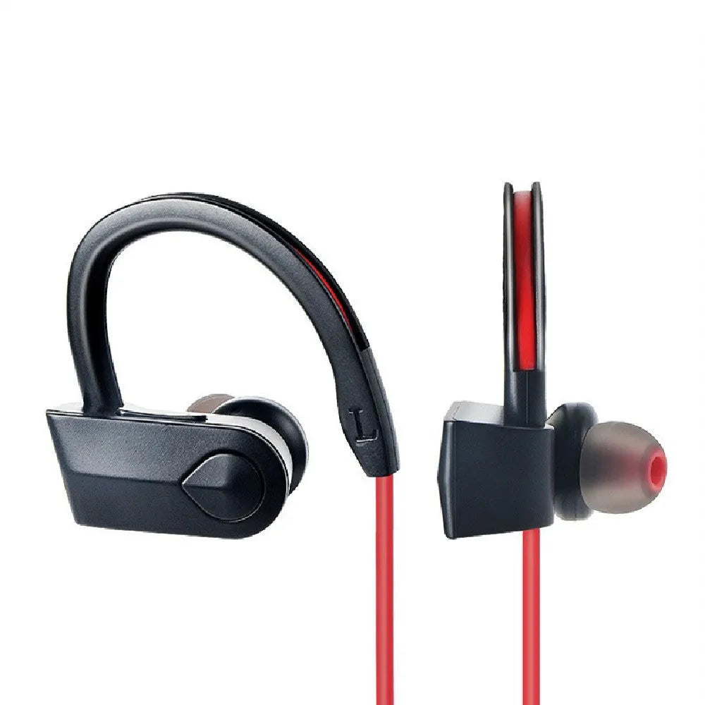 Wireless neck mounted Bluetooth earphones in black colour with neckband design and in-ear speakers