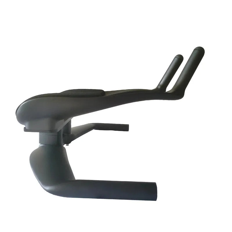 Black carbon fibre time trial bicycle handlebar showing aero extensions and central clamp area.