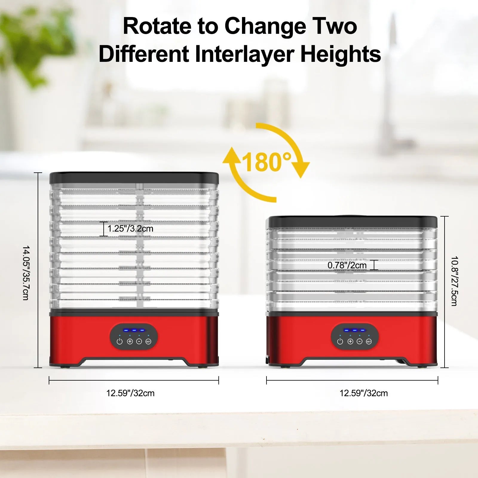 Silver or red household food dehydrator with eight drying trays showing compact storage dimensions