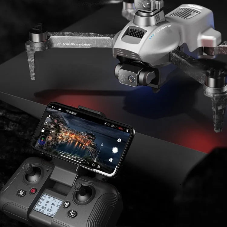 White folding quadcopter drone with camera and propellers, shown next to its remote control and shoulder bag.