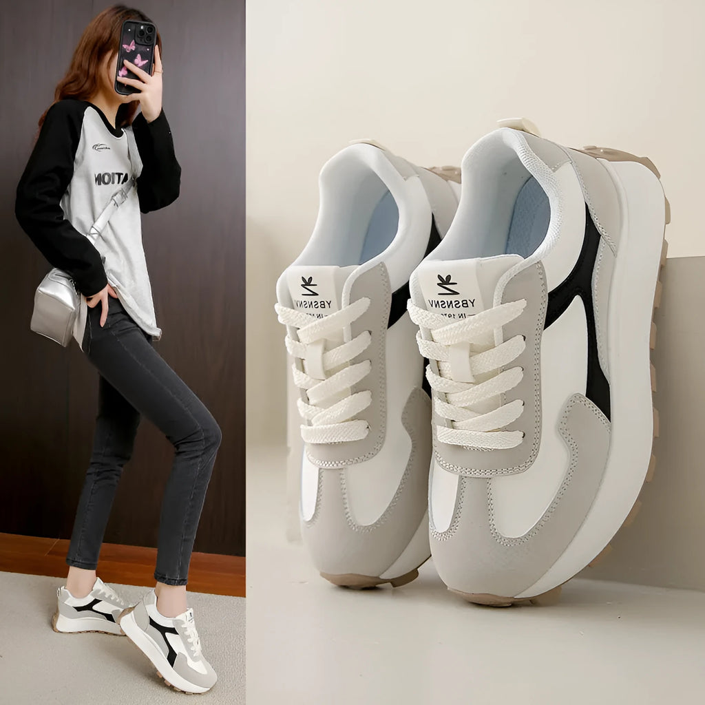 Women's flat heel sports shoes with injection moulded sole in card black, khaki red, and white gray colour options