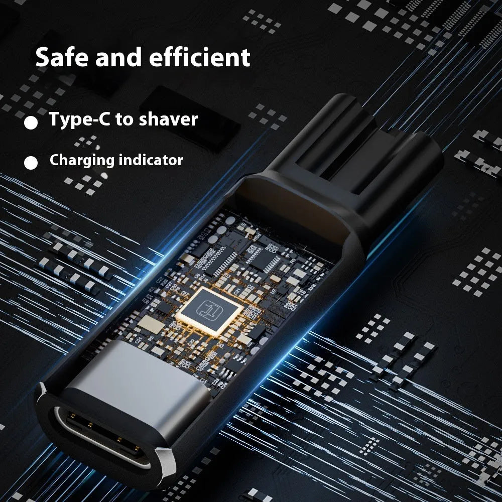 Black or grey USB-C charging adapter for electric shavers and hair clippers with aluminium alloy construction