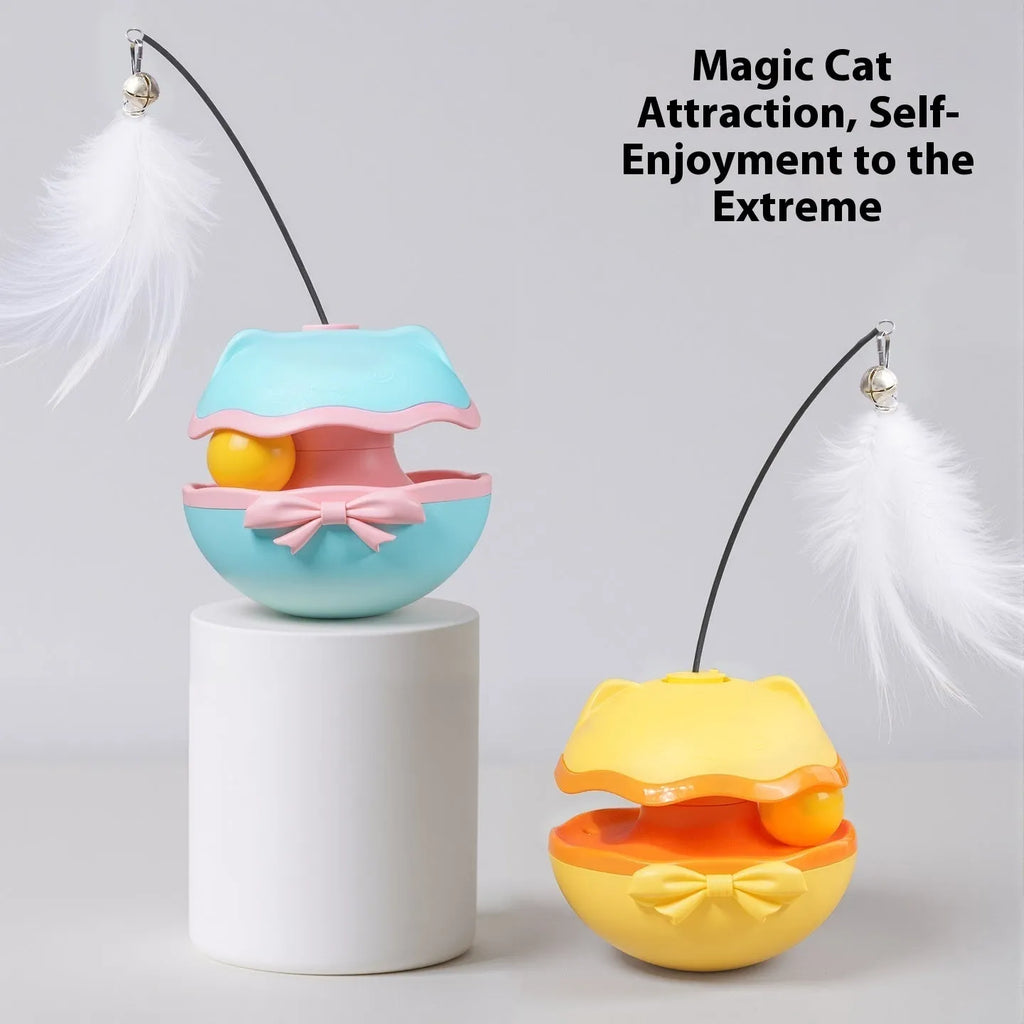 Electric self-righting cat tumbler toy in lemon yellow, sky blue, and soft fog grey colour options.