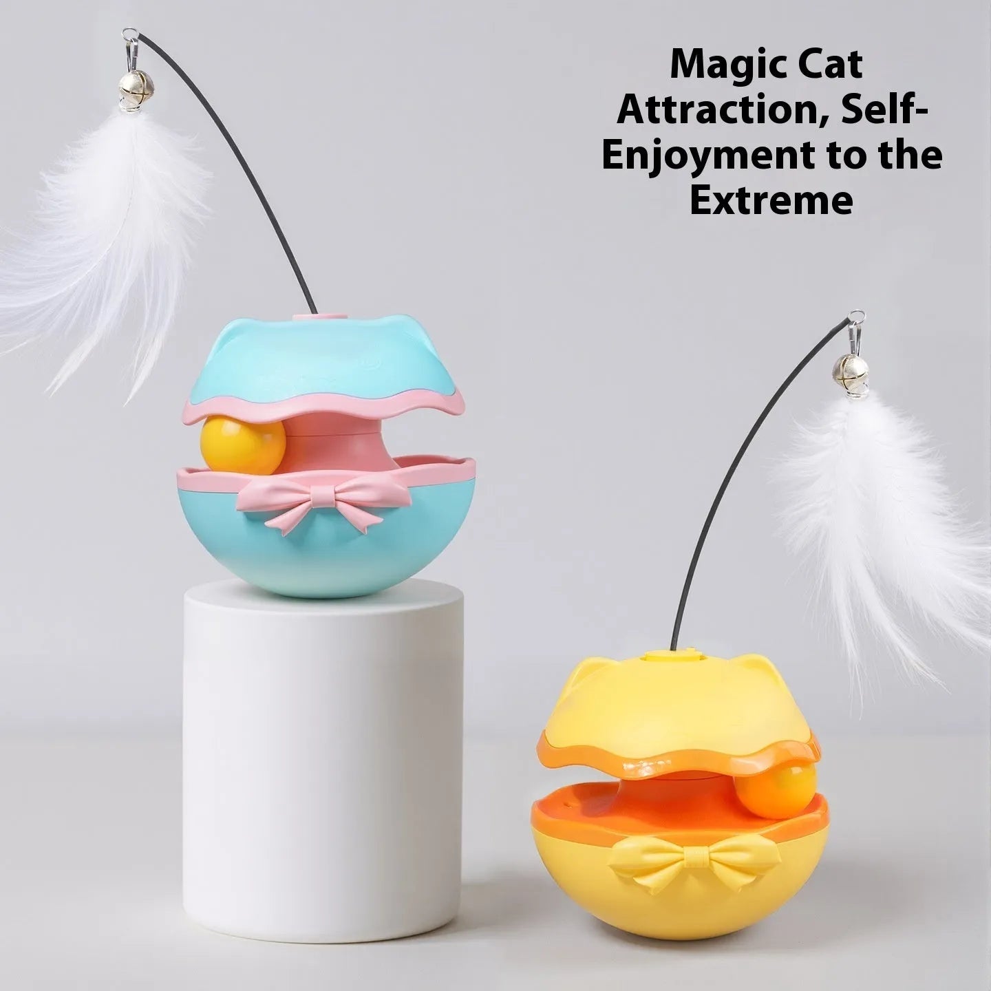 Electric self-righting cat tumbler toy in lemon yellow, sky blue, and soft fog grey colour options.