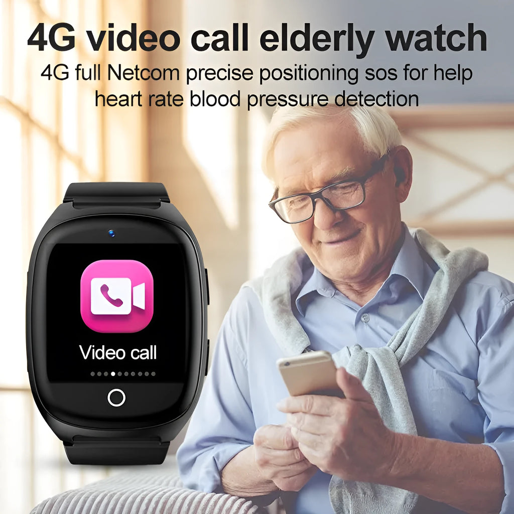 Black GPS tracker smartwatch with 1.54-inch touch screen showing heart rate monitoring and SOS alarm function.