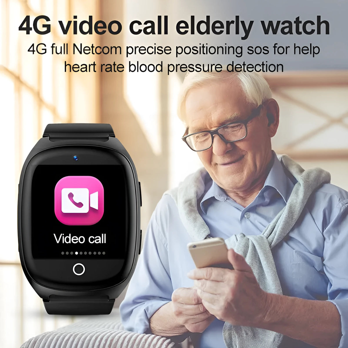 Black GPS tracker smartwatch with 1.54-inch touch screen showing heart rate monitoring and SOS alarm function.