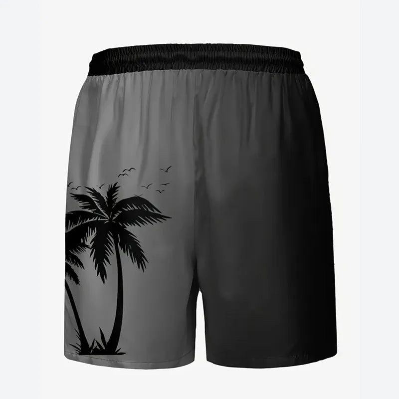 Man wearing loose grey polyester beach shorts, showing sporty casual style.