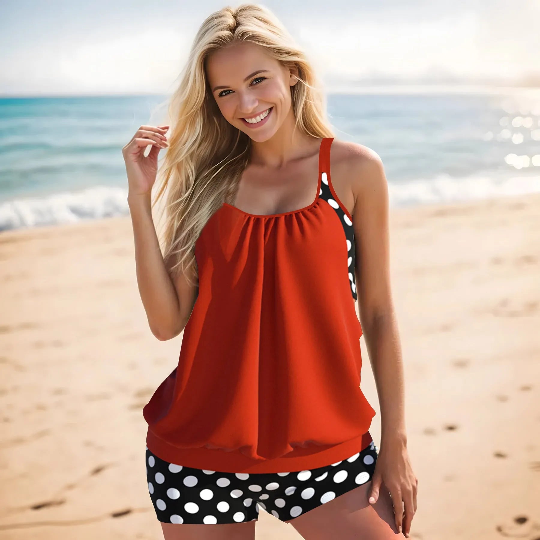 Women's black polka dot high waist swimsuit briefs on a white background.