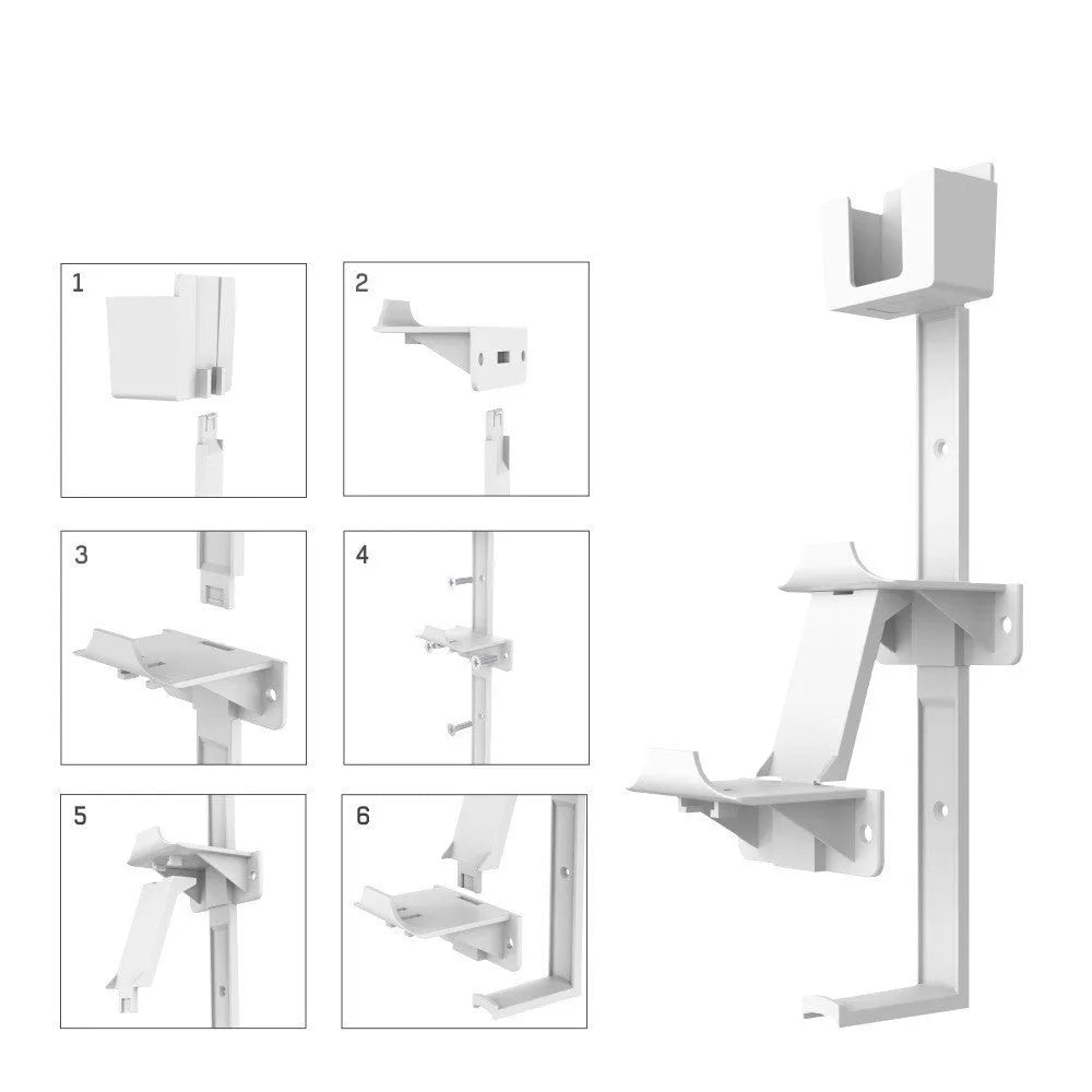 White wall-mounted hook holding a game controller with black console compatibility labels