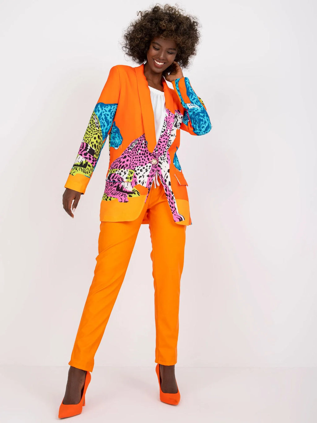 Leopard print contrast colour slim fit long suit jacket for women, 65cm medium length, long sleeve, available in black, orange, glittering powder and emerald green.