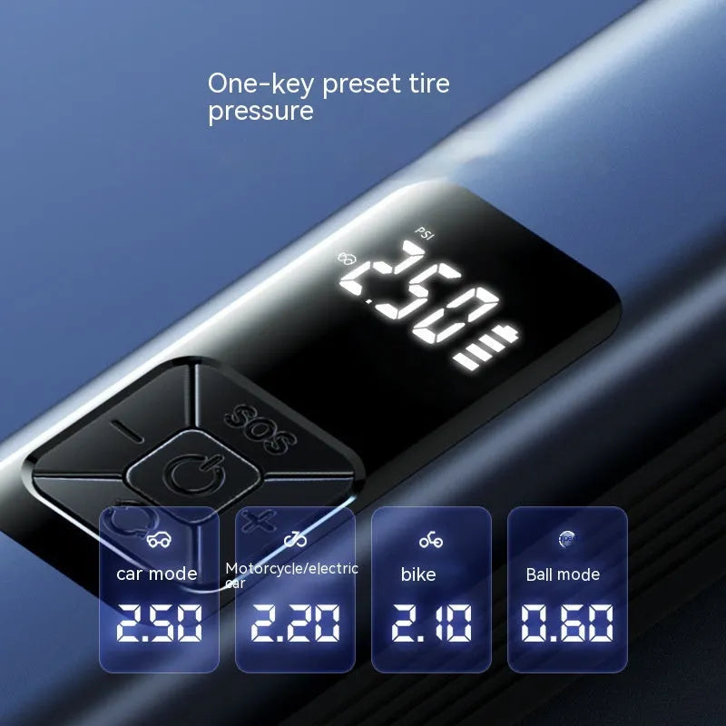 Wireless 4-in-1 car air compressor pump with digital display and LED light for tyre inflation and vacuum cleaning