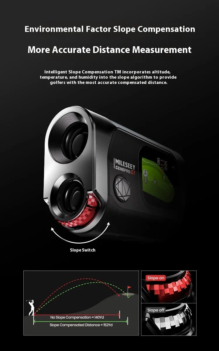 GenePro G1 black GPS golf rangefinder with AMOLED touchscreen displayed with its USB-C cable and storage box.