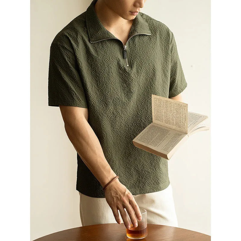 Men's cedar green short sleeve polyester T-shirt with loose fit for summer casual wear
