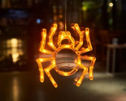 Halloween window hanging LED lights set with spider, pumpkin and ghost designs using battery power
