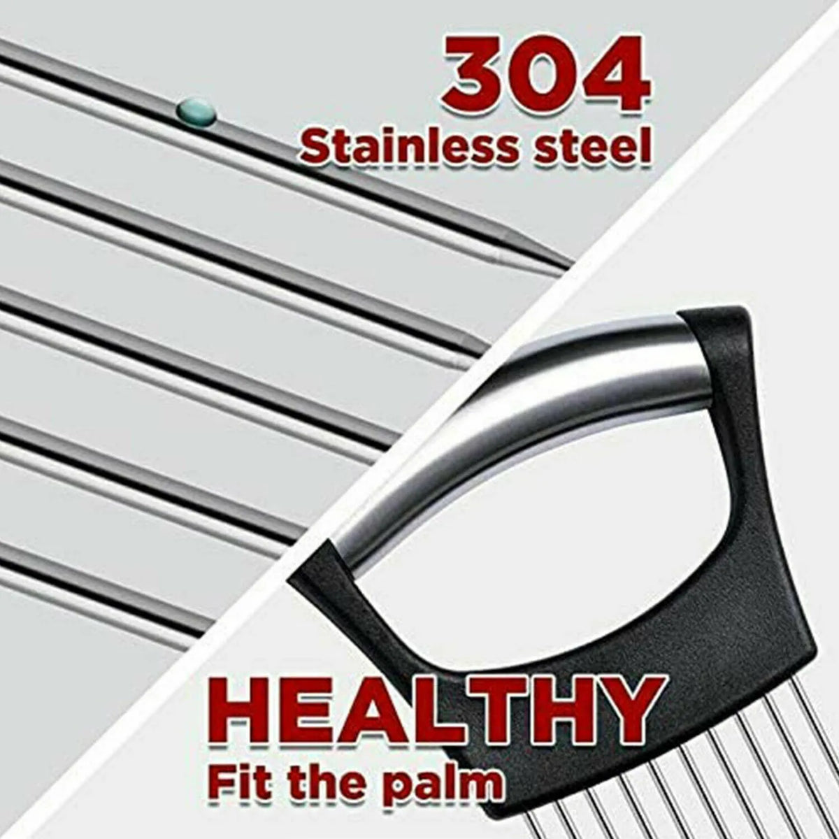 Stainless steel and plastic food slicer holder for onions and tomatoes on a kitchen worktop